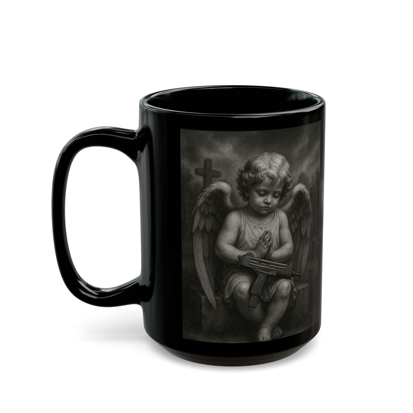 Praying Angel, Black 11oz/15oz Coffee Cup, DarkArt